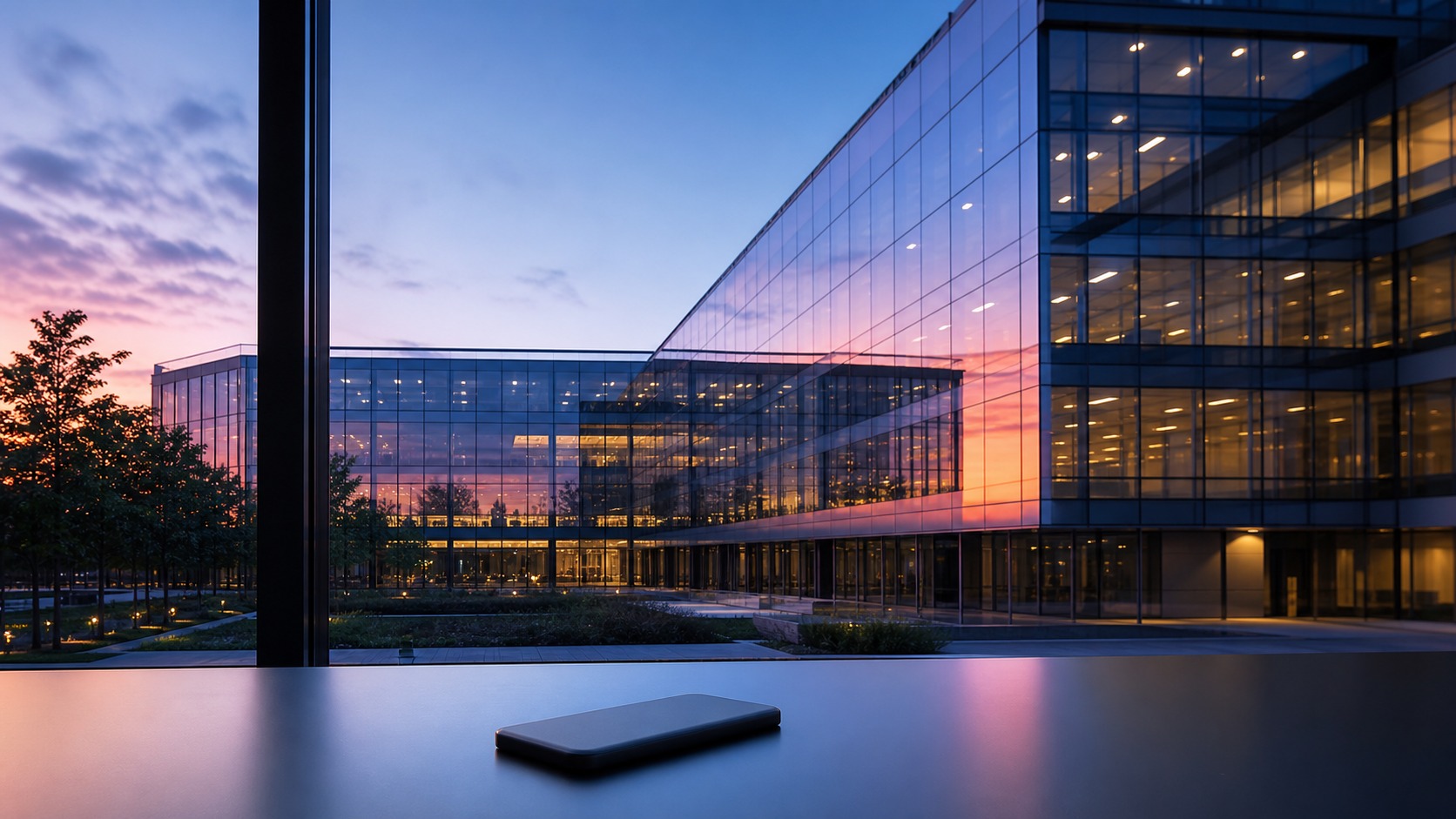 Siège moderne en verre au coucher du soleil avec un smartphone générique au premier plan, illustrant l’appartenance d’Instagram à un grand groupe technologique.
