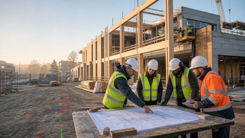 Équipe de professionnels du bâtiment consultant des plans sur un chantier de rénovation moderne avec structure en bois, béton et échafaudages.