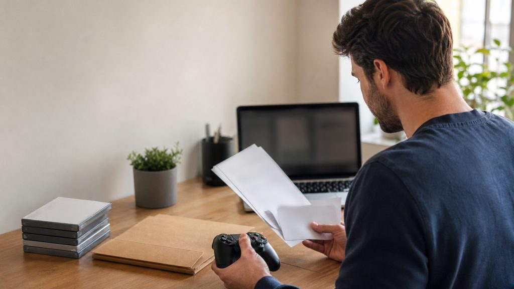 Joueur examinant des documents de remboursement à son bureau avec une manette et des boîtiers de jeux vidéo, dans un intérieur lumineux.