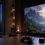 Écran OLED affichant un paysage de jeu vidéo lumineux et contrasté, avec manette et sonde de calibration HDR sur un bureau sombre.