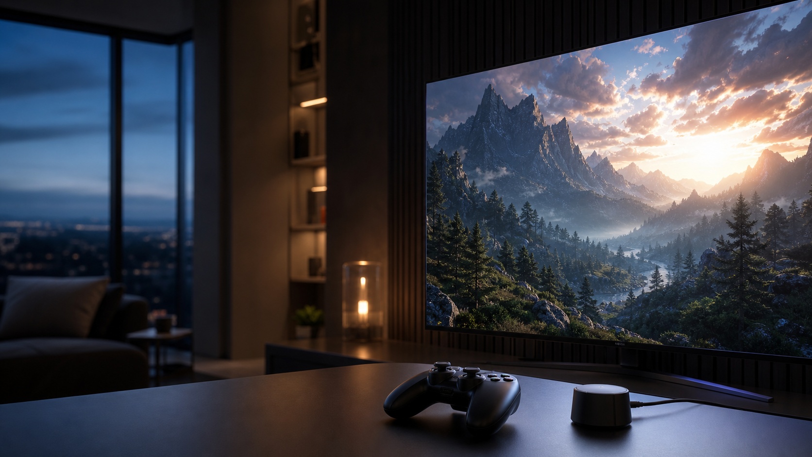 Écran OLED affichant un paysage de jeu vidéo lumineux et contrasté, avec manette et sonde de calibration HDR sur un bureau sombre.