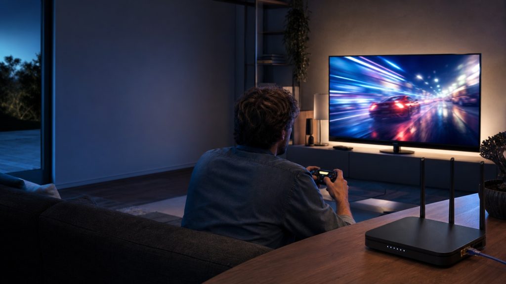 Joueur de cloud gaming dans un salon moderne, connecté en Ethernet à un routeur Wi-Fi devant un écran de jeu de course.
