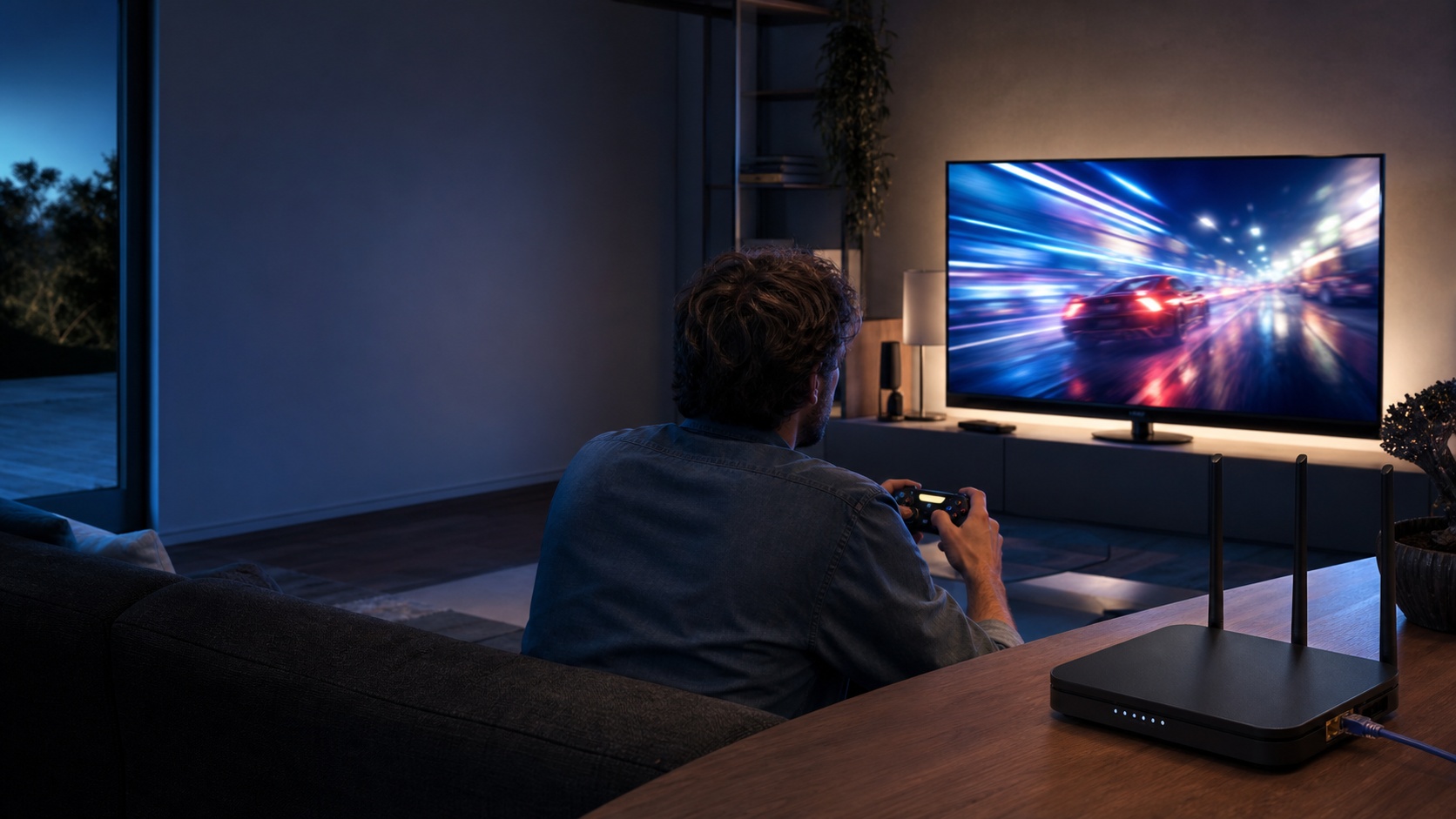 Joueur de cloud gaming dans un salon moderne, connecté en Ethernet à un routeur Wi-Fi devant un écran de jeu de course.
