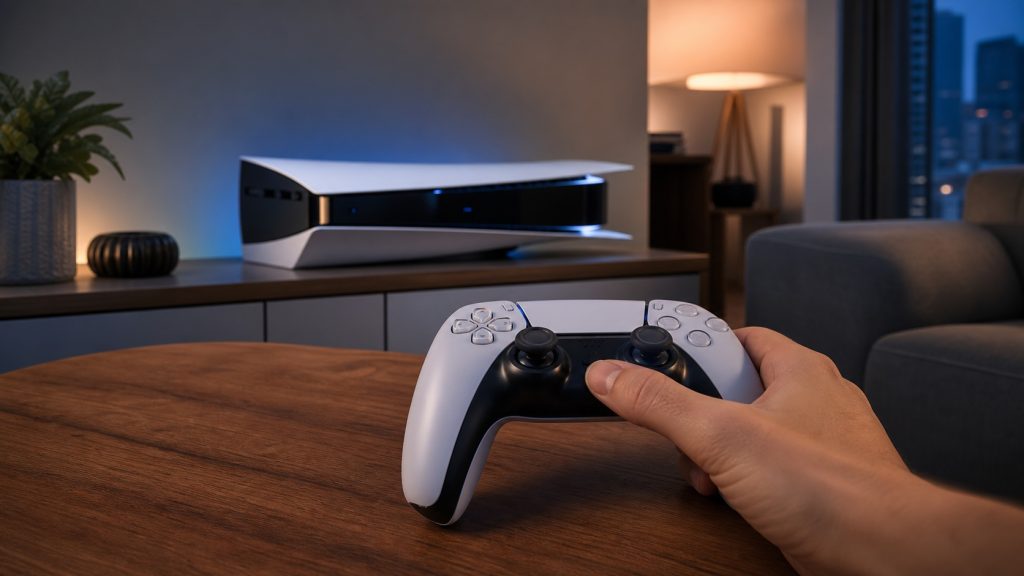 Main appuyant sur la touche centrale d’une manette PS5 devant une console dans un salon moderne