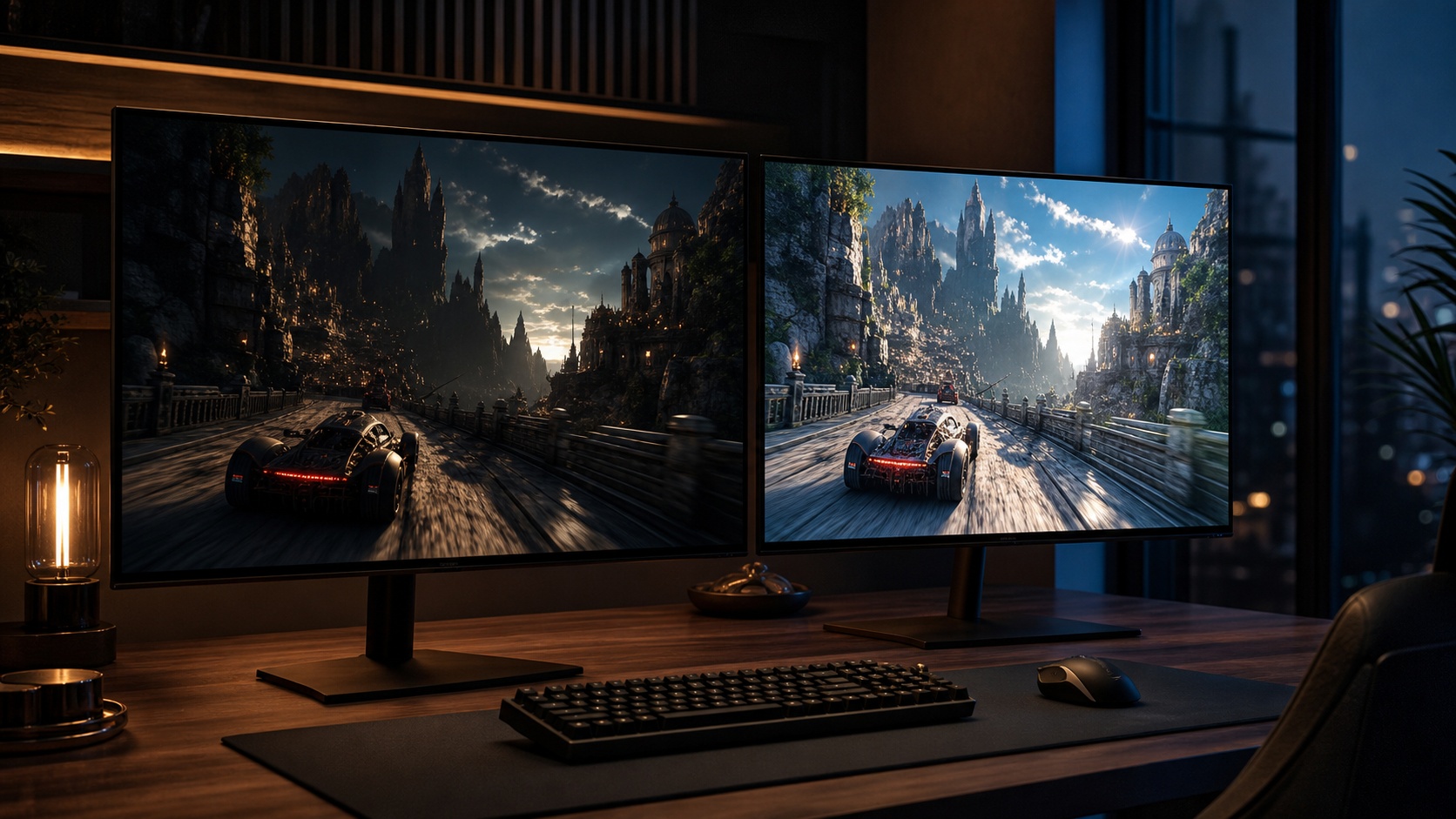 Deux écrans gaming modernes dans un bureau sombre illustrant les contrastes profonds d’un écran OLED et la forte luminosité d’un écran Mini-LED.