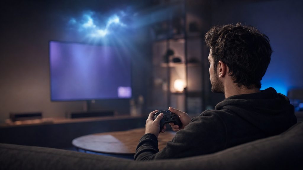 Joueur utilisant une manette dans un salon gaming moderne, illustrant le choix d’un service de cloud gaming