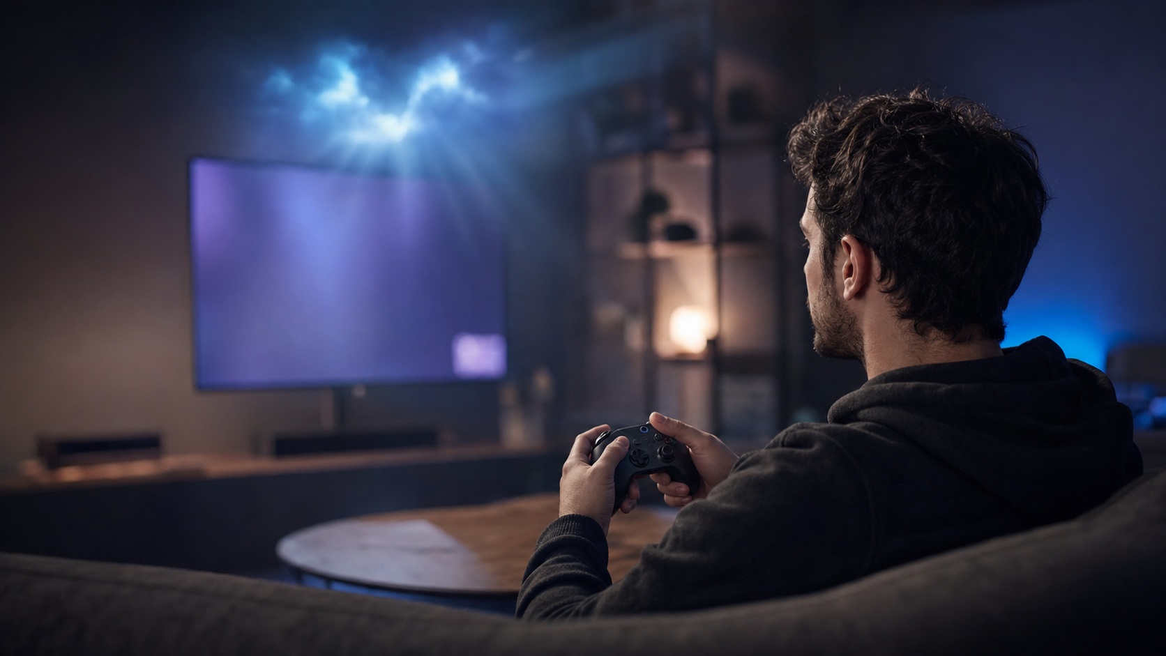 Joueur utilisant une manette dans un salon gaming moderne, illustrant le choix d’un service de cloud gaming