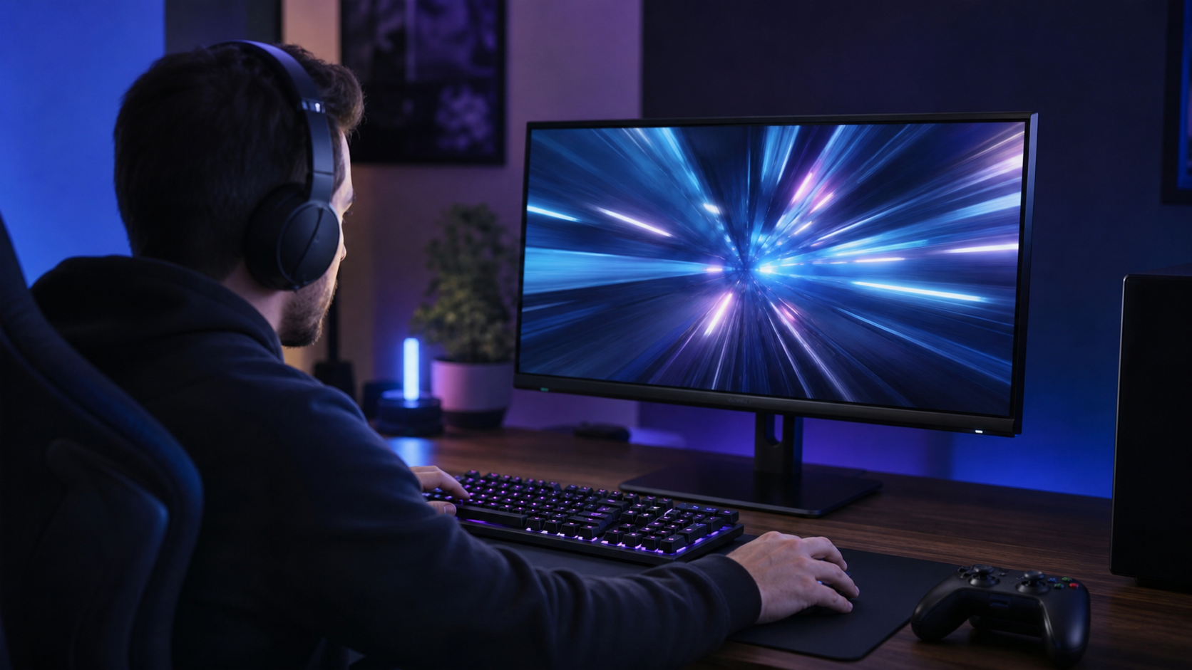 Un joueur teste la réactivité d’un écran gaming avec clavier, souris et manette.