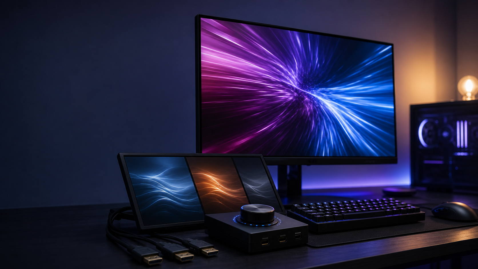 Bureau gaming photoréaliste avec un grand écran affichant une scène dynamique et fluide, illustrant les technologies VRR, FreeSync et G-Sync, éclairage bleu et violet, câbles et réglages matériels visibles