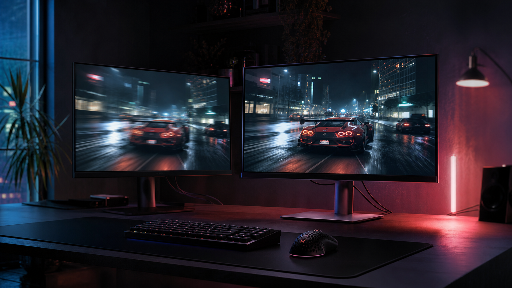Deux écrans gaming sur un bureau sombre illustrant visuellement une différence de fluidité entre 144 Hz et 240 Hz.