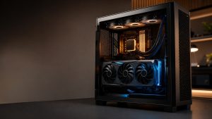 PC gaming haut de gamme avec processeur refroidi par liquide et carte graphique triple ventilateur, illustrant le rapport entre CPU et GPU.