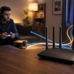 Routeur Wi-Fi noir posé sur un bureau en bois, relié visuellement à un PC gaming lumineux et à un joueur avec manette dans un salon moderne