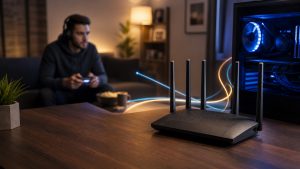 Routeur Wi-Fi noir posé sur un bureau en bois, relié visuellement à un PC gaming lumineux et à un joueur avec manette dans un salon moderne