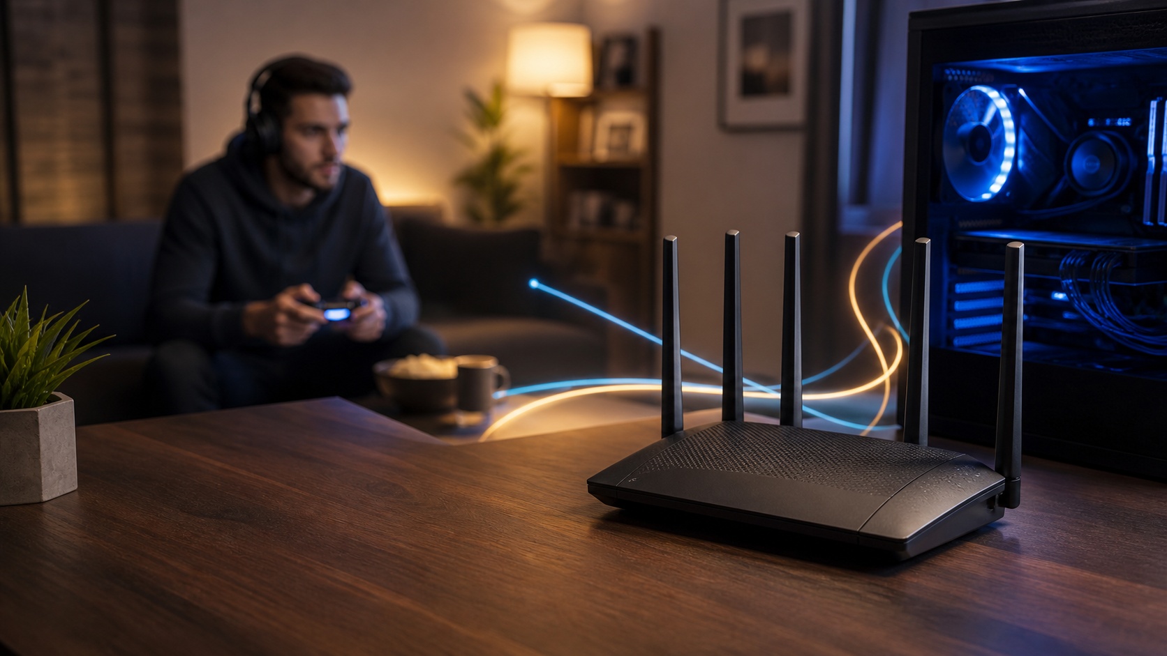 Routeur Wi-Fi noir posé sur un bureau en bois, relié visuellement à un PC gaming lumineux et à un joueur avec manette dans un salon moderne