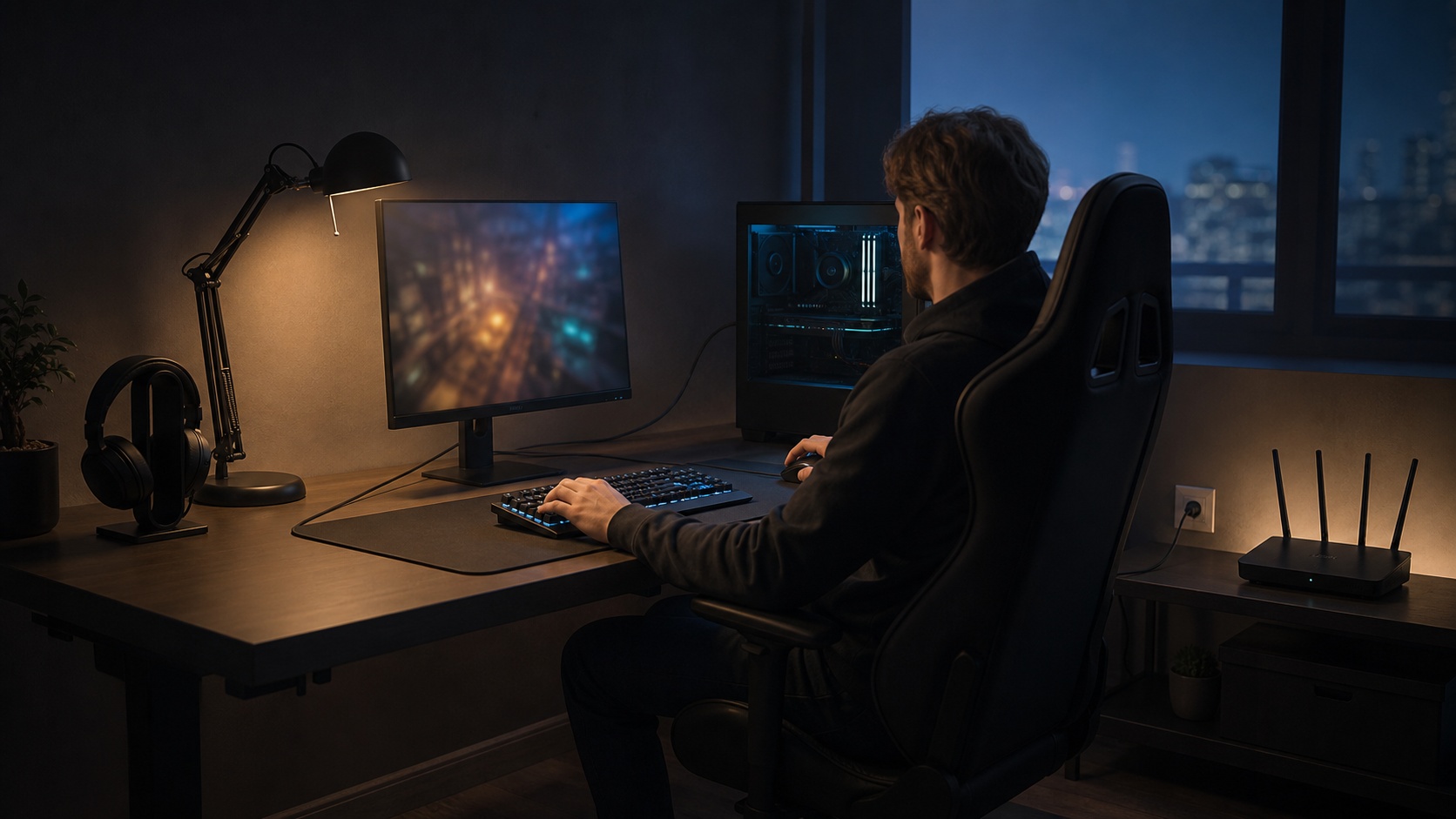 Setup gaming moderne avec PC, câble Ethernet branché et routeur Wi‑Fi 6E dans une pièce sombre.