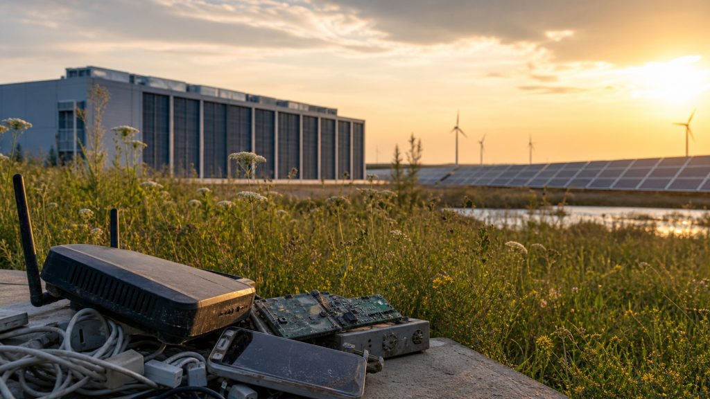 Déchets électroniques devant un centre de données alimenté par des panneaux solaires et des éoliennes, illustration photoréaliste des impacts et solutions durables de la décharge du Net