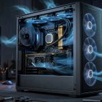 Boîtier PC gaming ouvert avec ventilateurs avant, supérieur et arrière illustrant un flux d’air bleu optimisé autour des composants.