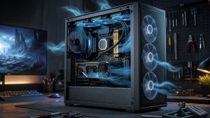 Boîtier PC gaming ouvert avec ventilateurs avant, supérieur et arrière illustrant un flux d’air bleu optimisé autour des composants.