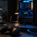 Manette de jeu, routeur Wi-Fi relié par câble Ethernet et PC gamer dans un bureau nocturne, illustrant la connexion réseau et les types NAT.
