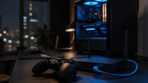 Manette de jeu, routeur Wi-Fi relié par câble Ethernet et PC gamer dans un bureau nocturne, illustrant la connexion réseau et les types NAT.