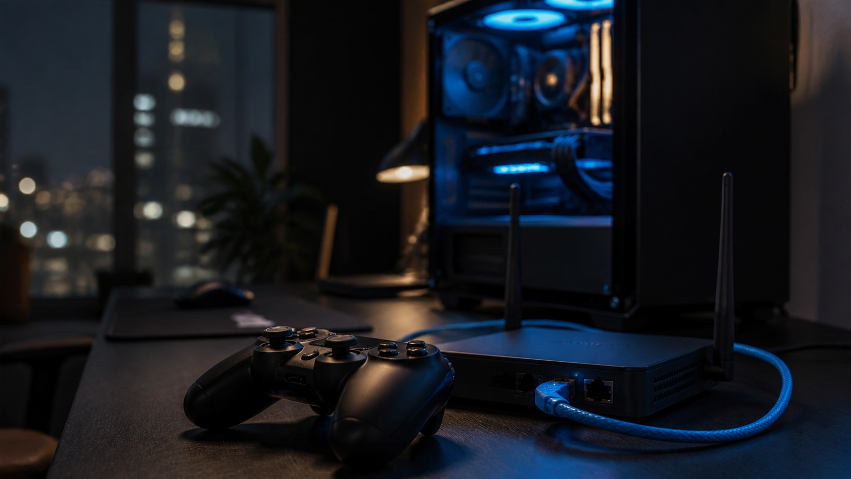 Manette de jeu, routeur Wi-Fi relié par câble Ethernet et PC gamer dans un bureau nocturne, illustrant la connexion réseau et les types NAT.