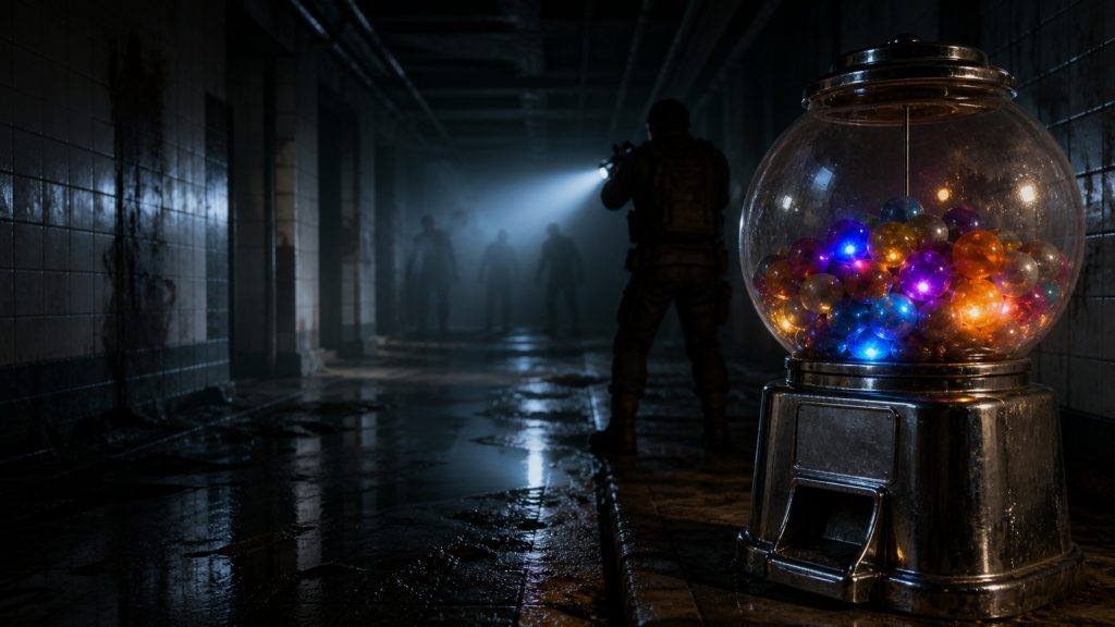 Machine à gommes lumineuses dans un couloir sombre infesté de zombies, illustrant un guide Gobblegum BO6.