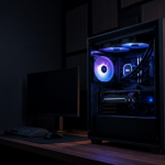Boîtier PC gaming noir haut de gamme avec panneau en verre trempé, éclairage RGB bleu et violet et composants visibles sur un bureau moderne