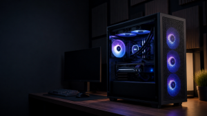 Boîtier PC gaming noir haut de gamme avec panneau en verre trempé, éclairage RGB bleu et violet et composants visibles sur un bureau moderne