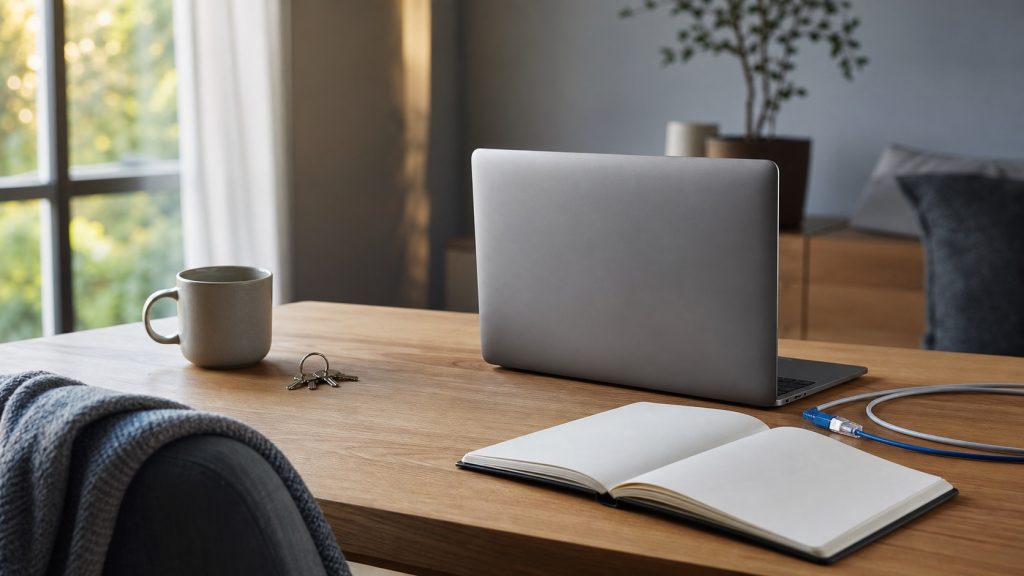 Bureau lumineux avec ordinateur portable fermé, carnet vierge, clés et câble réseau, illustrant la connexion et la configuration d’une messagerie web.